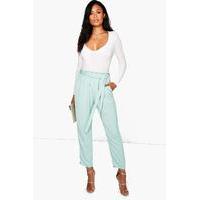 Gathered Tie Waist Tailored Trousers - sage