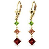 Garnet, Peridot and Citrine Three Stone Drop Earrings 4.8ctw in 9ct Gold