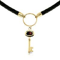 Garnet Key Charm Leather Pendant Necklace 0.5ct in 9ct Gold