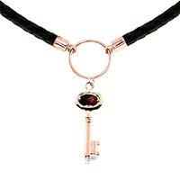 Garnet Key Charm Leather Pendant Necklace 0.5ct in 9ct Rose Gold