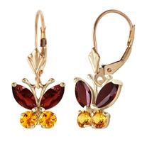 Garnet and Citrine Butterfly Drop Earrings 1.24ctw in 9ct Gold