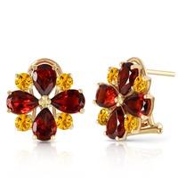 Garnet and Citrine Sunflower Stud French Clip Earrings 4.85ctw in 9ct Gold