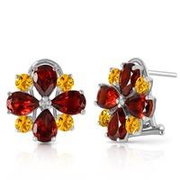 Garnet and Citrine Sunflower Stud French Clip Earrings 4.85ctw in 9ct White Gold