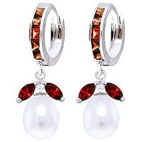 Garnet and Pearl Dewdrop Huggie Earrings 10.3ctw in 9ct White Gold