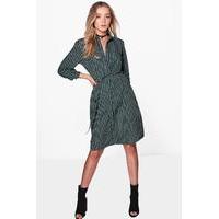 Geo Print Belted Shirt Dress - green