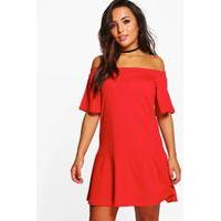 georgette drop hem off the shoulder dress red