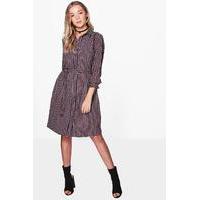 Geo Print Belted Shirt Dress - burgundy