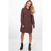 Geo Print Belted Shirt Dress - red