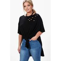 Georgina Distressed Knot Front T-shirt - black