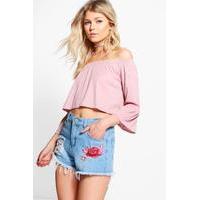 Georgia Rib Bardot Frill Sleeve Top - lotus