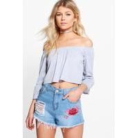 Georgia Rib Bardot Frill Sleeve Top - dove