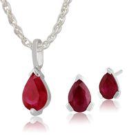 Gemondo 9ct White Gold Genuine Ruby Pear Shaped Claw Set Earring & Necklace Set