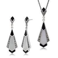 Gemondo Sterling Silver Onyx, MoP & Marcasite Art Deco Earring & Necklace Set
