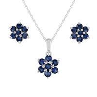 Gemondo Sterling Silver Natural Sapphire Floral Cluster Stud Earrings & Necklace Set