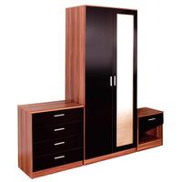 GFW Ottawa Black and Walnut 2 Door Wardrobe with Mirror, 4 Drawer Chest and 1 Drawer Bedside