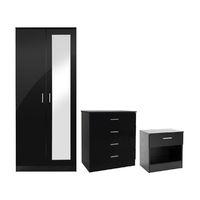 GFW Ottawa 2 Door Mirrored Wardrobe, 3 Plus 3 Drawer Chest and Bedside Set Black