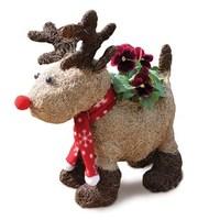 Gift Reindeer Planter with Scarf and Red Pansies