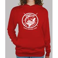 girl sweater with hood, red white logo with white rope