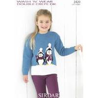 Girls Round Neck Sweater with Penguin Motif in Sirdar Wash \'n\' Wear Double Crepe DK (2420)