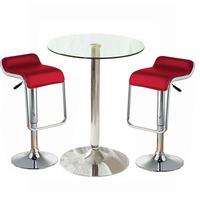 gino glass bistro table with 2 red torino bar stools