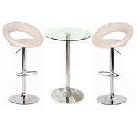 Gino Bar Table In Clear Glass And 2 Leoni Bar Stools In Cream