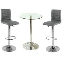 gino clear glass bar table and 2 ripple charcoal grey bar stools