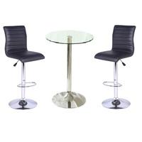 Gino Bar Table In Clear Glass With 2 Ripple Black Bar Stools
