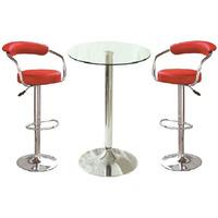 gino bistro table in clear glass top with 2 zenith red bar stool