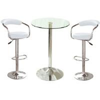 Gino Bistro Table In Clear Glass With 2 Zenith White Bar Stools