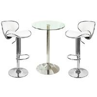 gino bistro table in clear glass top with 2 duo white bar stools