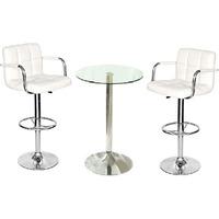 Gino Bistro Table In Clear Glass With 2 White Glenn Bar Stools