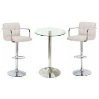 Gino Bistro Table In Clear Glass With 2 Cream Glenn Bar Stools