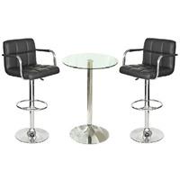 Gino Bistro Table In Clear Glass With 2 Black Glenn Bar Stools
