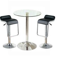 gino glass bistro table with 2 black torino bar stools