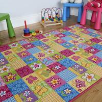 girls colourful pink playtime fun kids butterfly patchwork rugs 133cmx ...