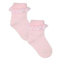 Girls soft cotton broderie anglaise frill trim ankle socks two pack - Pink