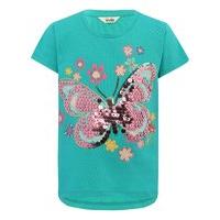 Girls 100% cotton short sleeve teal crew neck star cut out sequin butterfly design t-shirt - Teal