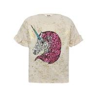 Girls 100% viscose short frill sleeve gold foil effect base with sequin unicorn design t-shirt - Cream