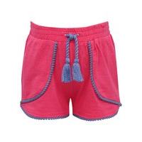 Girls 100% cotton elasticated tassel drawstring waistband petal front pom pom trim shorts - Pink