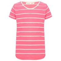 Girls short sleeve crew neck white scallop ruffle stripe detail dipped hem t-shirt - Pink