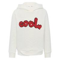 Girls 100% cotton long sleeve petal hem cool boucle slogan hooded sweater - Cream