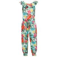 Girls crepe full length multi-coloured floral tropical print bardot ruffle neckline jumpsuit G - Green