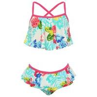 Girls swimwear Minoti ruffle frill tropical floral print two piece bikini set - White