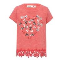 Girls sequin 3D embroidered butterfly heart crochet hem Pink short sleeve top - Pink