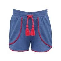 Girls 100% cotton elasticated tassel drawstring waistband petal front pom pom trim shorts - Blue
