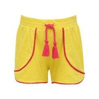 Girls 100% cotton elasticated tassel drawstring waistband petal front pom pom trim shorts - Yellow