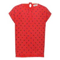 Girls red short sleeve glitter bow print step back hem and pleated neckline top - Red