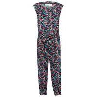 Girls crepe navy floral ditsy print elastic neckline cuffed ankle tie front jumpsuit - Blue