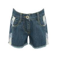 Girls Kite and Cosmic blue denim patchwork design five pocket frayed hem denim shorts - Denim