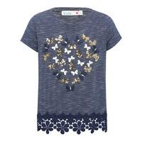 Girls Sequin Butterfly Heart Crochet Hem Short Sleeve Top - Navy